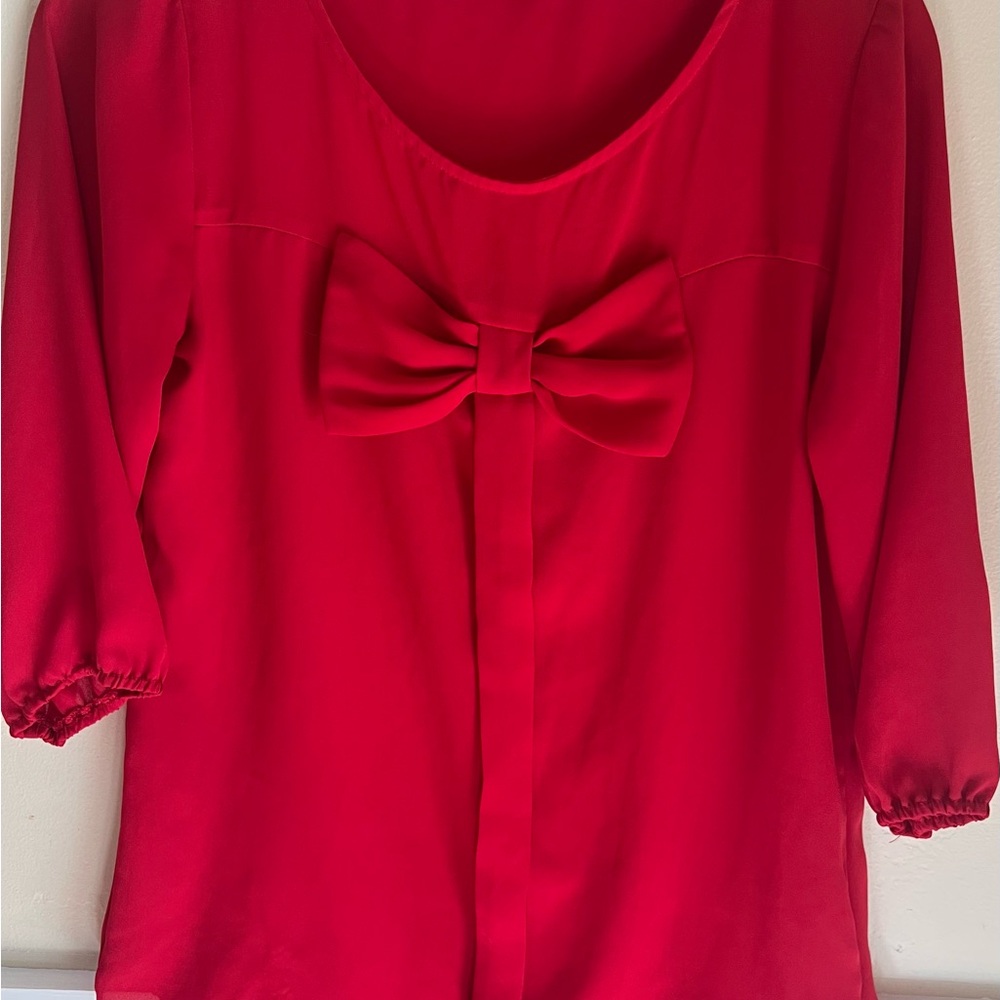Red Tie Front Blouse with 3/4 Sleeves